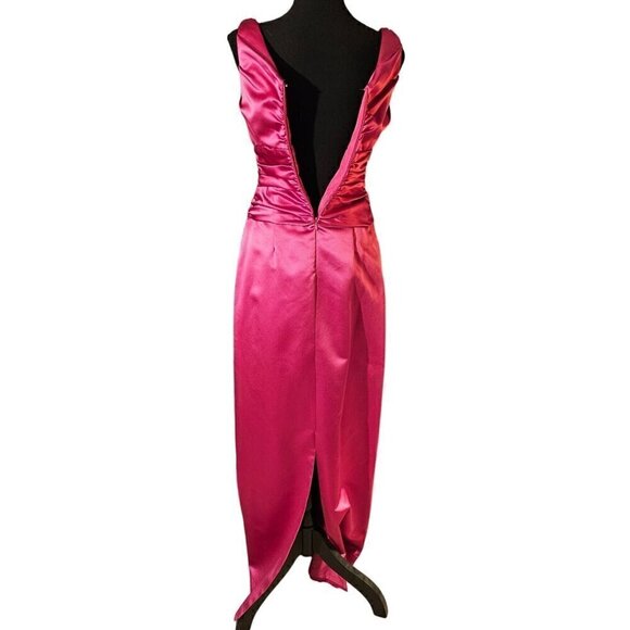 David's Bridal Deep Hot Pink Sleeveless Satin V-Neck Dress with Slim Skirt Size - Picture 3 of 6